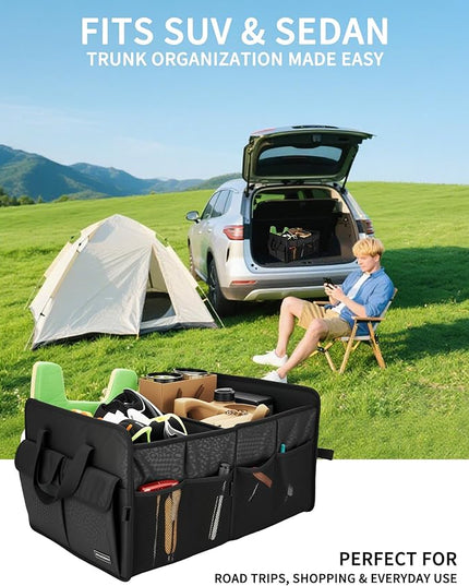 Sturdy Car Trunk Organizer – Large Capacity Trunk Organizer for SUVs & Sedans, Hard-Shell One-Piece Design with Cute Print, Collapsible and Durable Car Organizers (Black Leopard 70L)