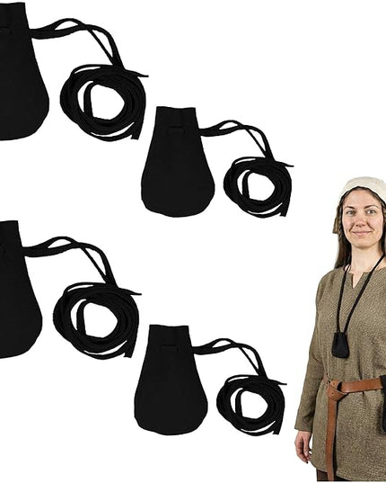 Mythrojan Small Trinket Pouches Suede Leather Drawstring Coin & Dice Bags for LARP, SCA, Viking & Medieval Events (Black - Pack of 4)