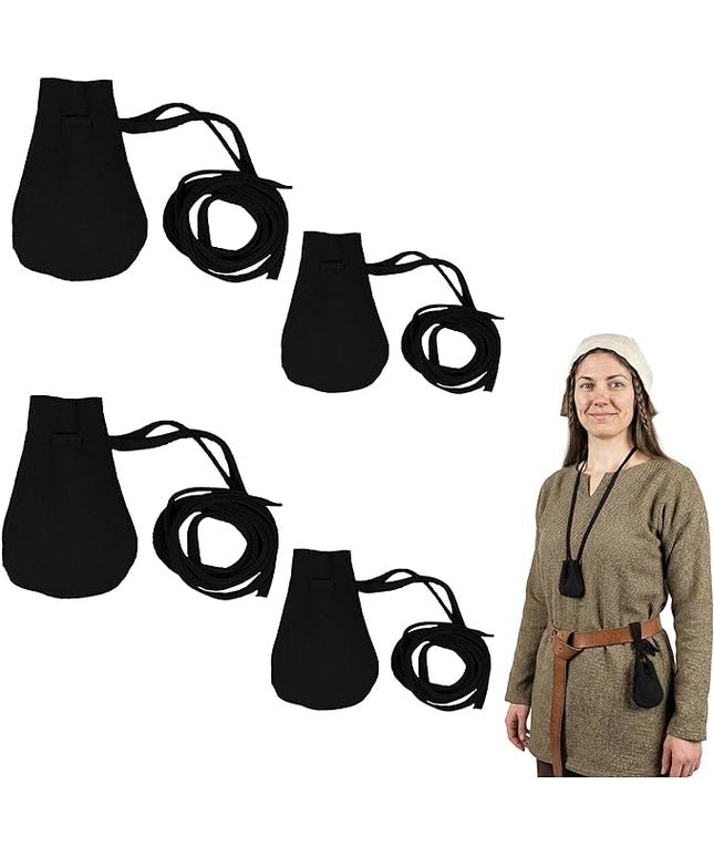 Mythrojan Small Trinket Pouches Suede Leather Drawstring Coin & Dice Bags for LARP, SCA, Viking & Medieval Events (Black - Pack of 4)