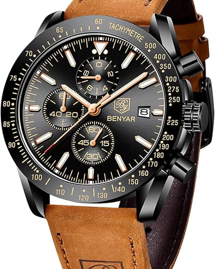 BY BENYAR Watch for Men Analog Quartz Chronograph Waterproof Luminous Designer Mens Wrist Watches Business Work Sport Casual Dress Watch with Silicone Strap Elegant Gifts for Men