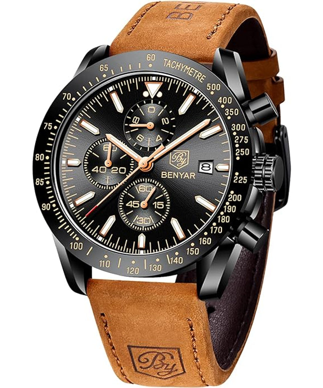 BY BENYAR Watch for Men Analog Quartz Chronograph Waterproof Luminous Designer Mens Wrist Watches Business Work Sport Casual Dress Watch with Silicone Strap Elegant Gifts for Men
