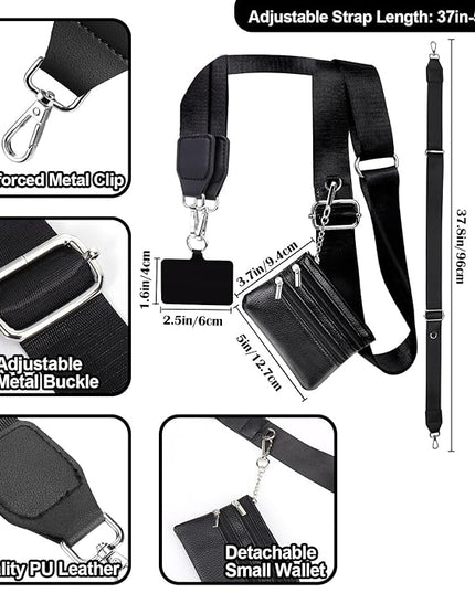 XANGNIER Clip and Go Strap for Phone with Wallet Crossbody, Phone Strap with Zippered Wallet, Adjustable Anti Theft Cellphone Lanyard for Women, Cellphone Chain Accessories, Black