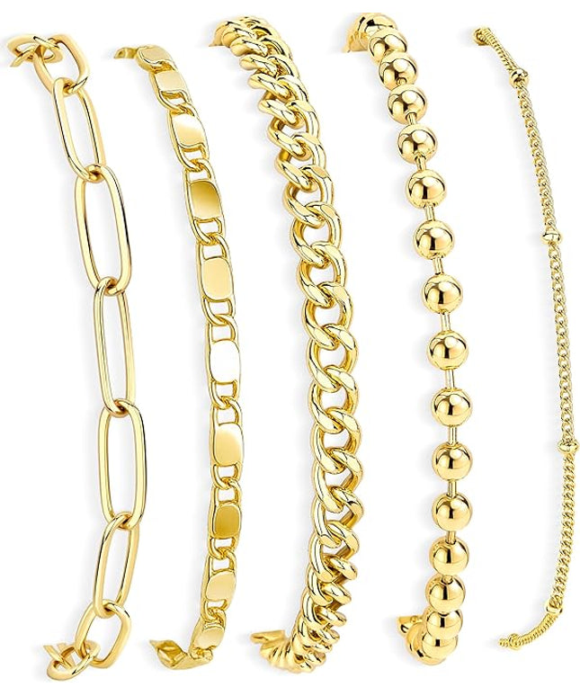 Gold Bracelets Set for Women Stack, Dainty Thick Bracelets Stack for Women Trendy, Simple Thin Gold Plated Cuff Stackable Bracelets With Beaded Cuban Paperclip Snake Rope Bangle Hand Chain Jewelry Gifts for Women Non Tainish