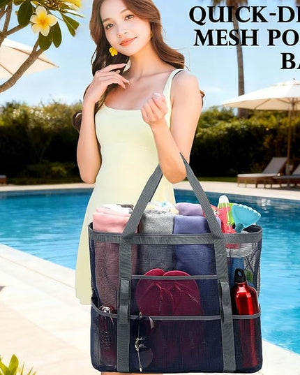 Mesh Beach Bag, Large Beach Tote with Zipper Pocket, Toys Pool Bag for Family Travel Vacation Cruise Essentials