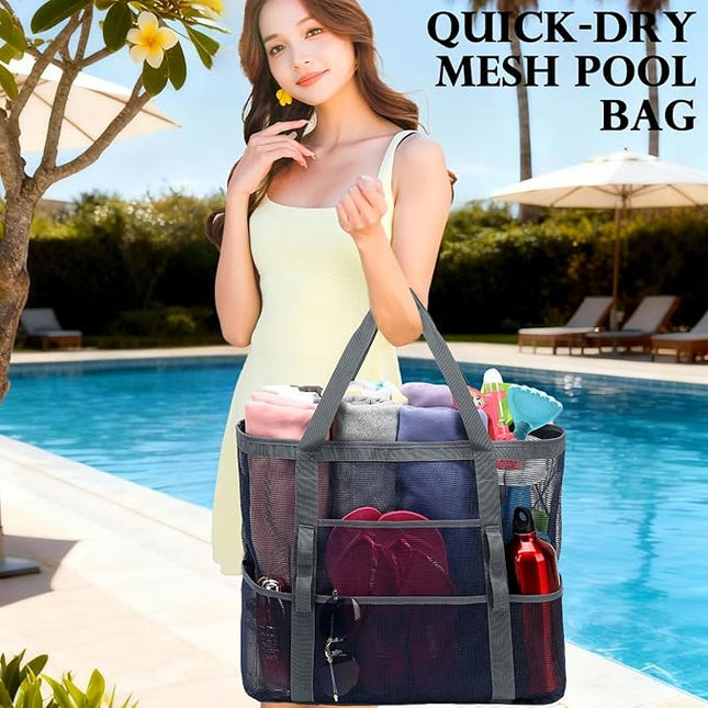 Mesh Beach Bag, Large Beach Tote with Zipper Pocket, Toys Pool Bag for Family Travel Vacation Cruise Essentials