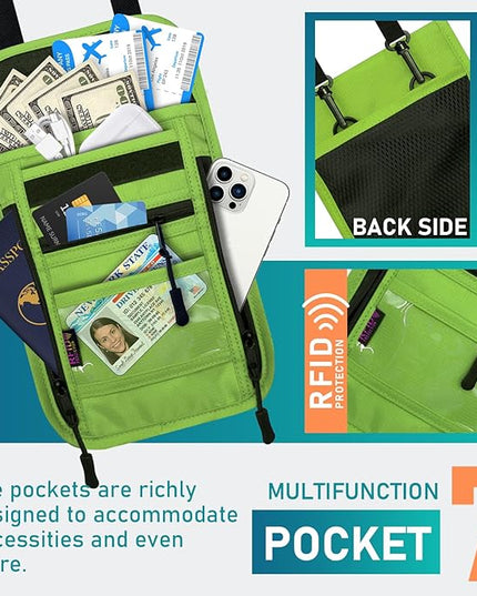 sundee Travel Neck Wallet with Double Zippers, RFID Blocking Passport Holder with Adjustable Neck Strap for Men and Women to Keep Cash, Credit Cards and Travel Documents Safe - Grass Green