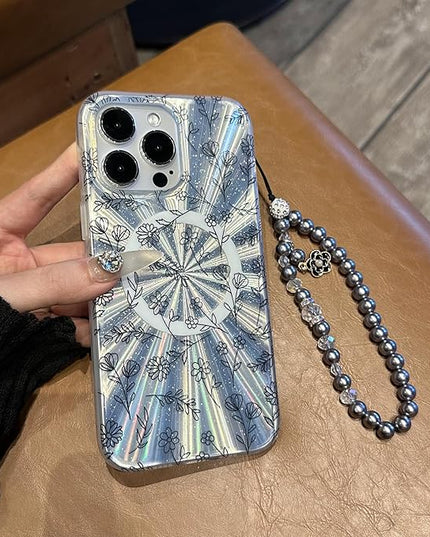 Compatible with iPhone 16 Pro Max Cases,Cute Flower Phone case with Floral Pearl Chain,Compatible MagSafe Silicone Shockproof Phone case for Women and Teenage Girls.