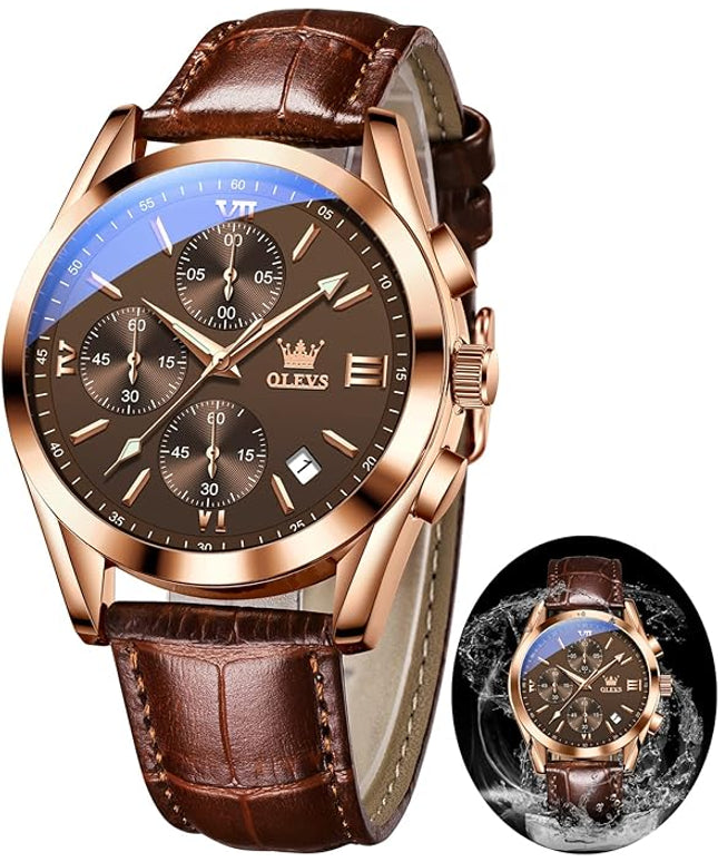 OLEVS Leather Chronograph Watch Men - Leather Strap (Brown/Black), Work Luminous Waterproof Analog Quartz Dress Wrist Watch with Blue/Black/Brown/White Dial