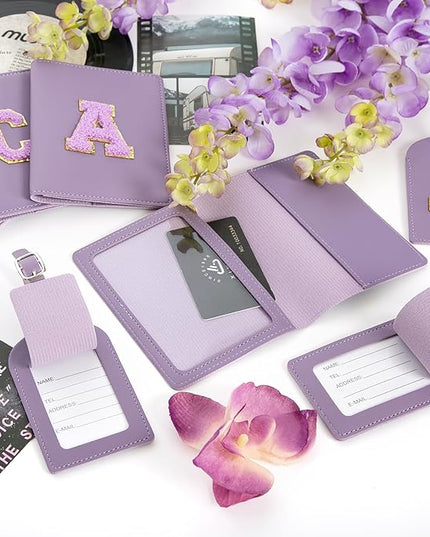 ULICO Initial Passport Cover and Luggage Tag Set,PU Leather Letter Passport Case Holder Travel Suitcase Tag, Personalized Travel Luggage Accessories Gifts for Women Kids Teenage Purple I