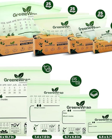 Compostable Gallon Size Zip Bags 25 Count Extra Thick 2 mil Resealable, Leak-Proof, Freezer Safe Disposable Food Storage Bags, BPI and OK Compost Home Certified, ASTM D6400
