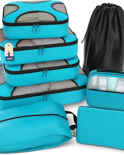 Shacke Premium 8 Packing Cubes Set - Lightweight Mesh Travel Luggage Organizers with Laundry Bag, 8-Piece Suitcase Storage System (Aqua Teal)