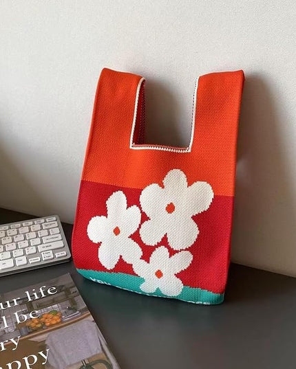 Women's Wrist Knot Tote Bag Small Crochet Wristlet Handbag Aesthetic Cute Knit Purse (Very Small Size)
