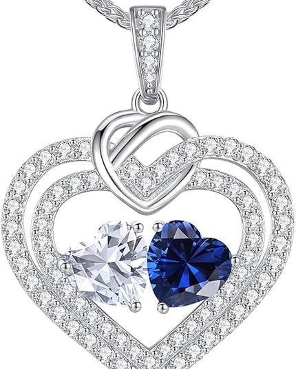 LOUISA SECRET Sparkling Double Heart Birthstone Necklaces for Women, 925 Sterling Silver Fine Jewelry, Pendant Heart Necklaces Birthday Anniversary Christmas Gift for Women Wife Mom Girlfriend Lady