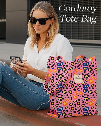 Corduroy Tote Bag for Women - Reusable Totes with Pocket & Buckle Cute Aesthetic Shoulder Bag for Work Travel