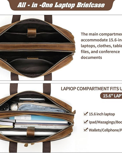 Jack&Chris Full Grain Leather Briefcase for Men, Business Messenger Bag Laptop Bag Attache Case, Fits 15.6 Inch Laptop