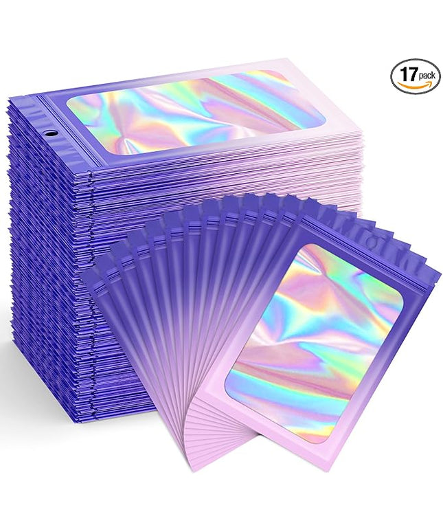Funfery 300 Pack Smell Proof Resealable Bags for Food Storage,Holographic Bags 4x6 Purple Pink Mylar Clear Packaging Bag- Scent Proof for Cookies, Zip Foil Pouch for Small Business