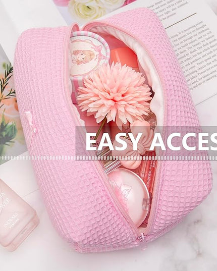 Cozy Makeup Bag Travel Cosmetic Bag for Women Soft Toiletry Bag Aesthetic Makeup Organizer Portable Large Zipper Pouch for Skincare Beauty Accessories Brushes Walffle Check Pink