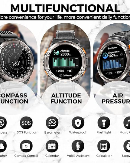 KE5 Military Smart Watch for Men with Flashlight SOS 3ATM Waterproof Watch 530mAh Big Battery 1.45" Rugged Tactical Smartwatch with Compass Elevation Barometer Fitness Watch for iPhone (Leather)