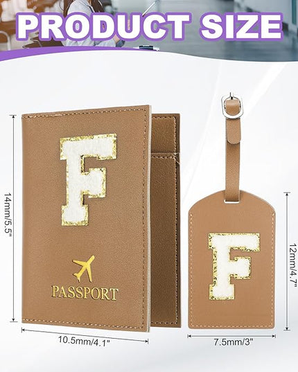 PATIKIL Passport Holder for Travel, Initial Passport Cover and Luggage Tag Set with Alphabet Chenille Letter Patch Travel Wallet Bag Suitcase Identifier for Women Family Travel Brown F