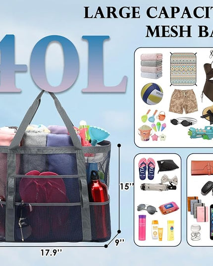 Mesh Beach Bag, Large Beach Tote with Zipper Pocket, Toys Pool Bag for Family Travel Vacation Cruise Essentials