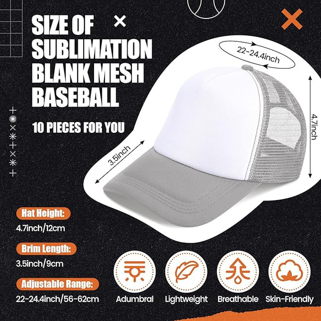 10 Pcs Sublimation Blank Trucker Hats Bulk Mesh Baseball Cap Polyester Mesh Trucker Hat for Men and Women
