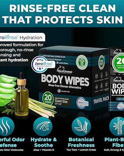 Travel Body Wipes for Men - 20 XL Shower Wipes for Adults Bathing No Rinse - Individually Wrapped 10”x10” Disposable Washcloths, Face Towels, Gym Mens Deodorant Sheets, Camping Essentials & Must Haves