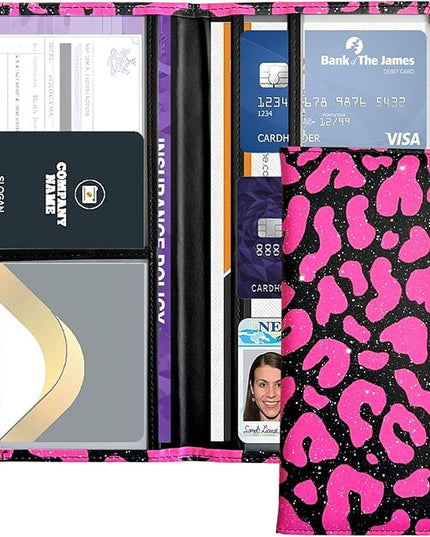 Car Registration and Insurance Holder with Magnetic Closure, Universal Document Organizer for License, Insurance Cards & Glove Box Storage (Leopard-Glitter Hot Pink)