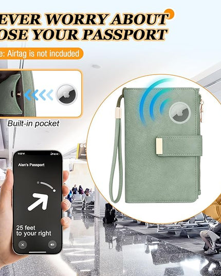 HUANLANG Passport Holder with Airtag for Women/Men, Airtag Passport Wallet for Travel Leather Passport Holder RFID Blocking,Travel Passport Walelt with Credit Card Holder