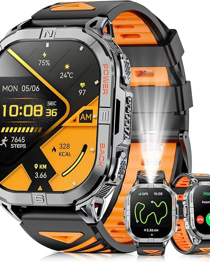 Military Smart Watch for Men Built-in GPS with LED Flashlight Compass, 2.13" AMOLED Tactical Smart Watches with Answer/Make Calls, 3ATM Waterproof Fitness Tracker for iPhone Android (Black)