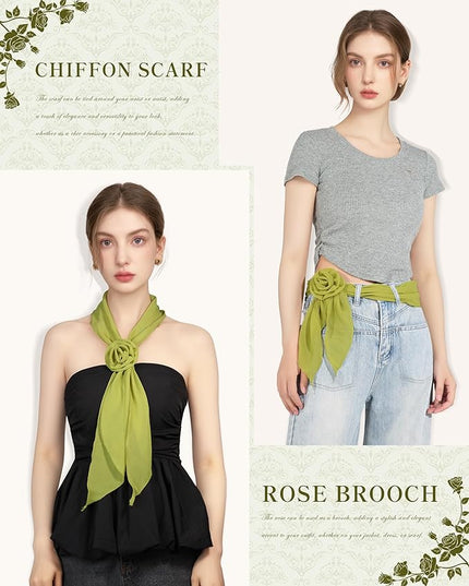Chiffon Scarf for Women, Removable Flower Neck Scarf Light Soft Fashion Rose Scarves Versatile Headband or Hair Band