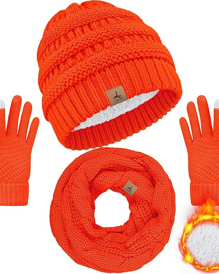 Winter Beanie Hat Scarf Gloves, Warm Fleece Knit Hats Touch Screen Gloves Neck Scarf Set Winter Gifts for Unisex Adult