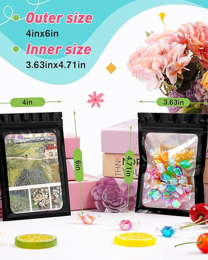 Funfery 300 Pack Smell Proof Resealable Bags for Food Storage,Holographic Bags 4x6 Black Mylar Clear Packaging Bag- Scent Proof for Cookies, Zip Foil Pouch for Small Business