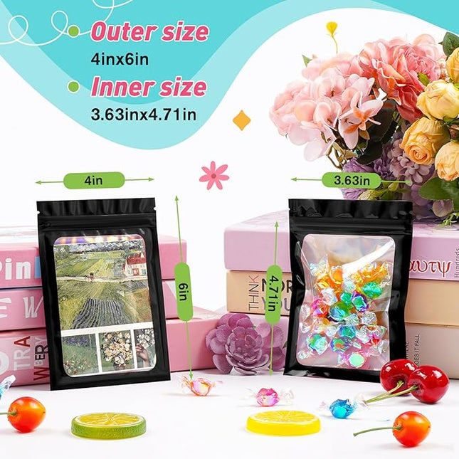 Funfery 300 Pack Smell Proof Resealable Bags for Food Storage,Holographic Bags 4x6 Black Mylar Clear Packaging Bag- Scent Proof for Cookies, Zip Foil Pouch for Small Business