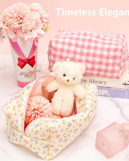 PAZIMIIK Cozy Makeup Bag Travel Cosmetic Bag for Women Soft Toiletry Bag Aesthetic Makeup Organizer Portable Large Zipper Pouch for Skincare Beauty Accessories Brushes Ribbing Floral Beige