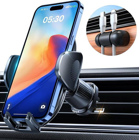 YRU Phone Holders for Your Car [2026 Upgraded Military Metal Hook], Cellphone Holder Car[No Fear of Bumps] Vent Phone Mount Truck Compatible with iPhone17 16 15 14 13 12 Samsung Android, Sapphire