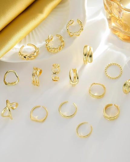 Chunky 14K Gold Plated Stackable Rings Set for Women,Vintage Knuckle Rings Dainty Hollow Carved Joint Finger Midi Rings Pack Adjustable Signet Mixed Size