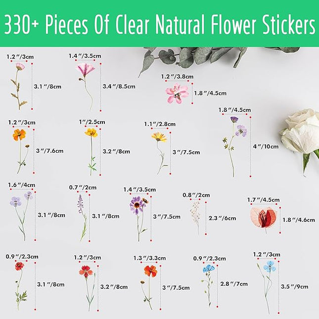 330+ PCS Natural Flower Stickers, Self-Adhesive PVC Nature Floral Stickers for Scrapbook, Laptop, Journal, DIY Project, Spring Themed Party Decors
