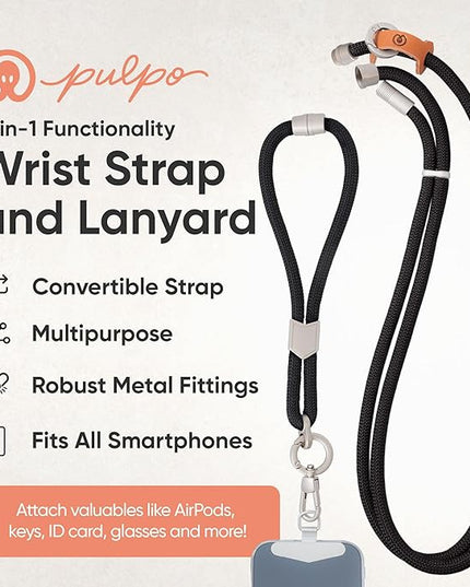 Pulpo 2 in 1 Anti Theft Phone Lanyard and Wrist Strap for iPhone and Android, Adjustable Cell Phone Leash and Universal Tether, Hands Free Strap for Travel Running and Everyday Use, Black