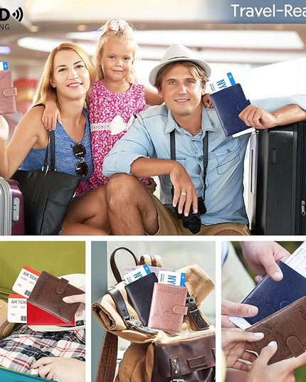Passport Holder and Card Slot Combo RFID Blocking Leather Family Travel Passport Wallet Travel Accessories for Men Women US Passport Cover Protector (Travel blue)