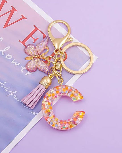 Fashion Alphabet Initial Letter Keychain Tassel Butterfly Pendant Key Ring for Purse Handbags Women Girl