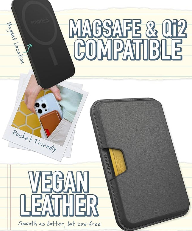 Smartish MagSafe Wallet - Side Hustle - Vegan Leather Slim Detachable Magnetic Card Holder Qi2 Certified iPhone MagSafe Wallet for Apple iPhone 17/16/15/14/13/12 Models - Black Tie Affair