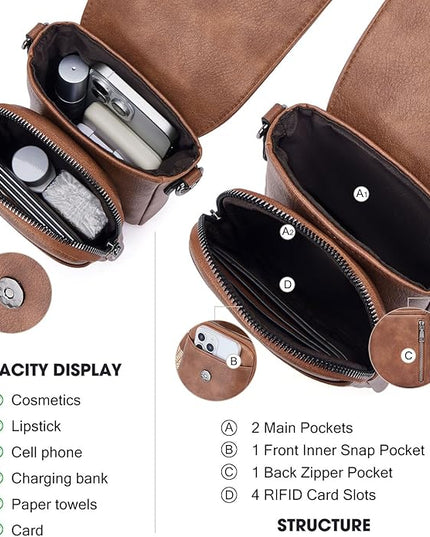 POIUGOYA Small Crossbody Bags for Women Trendy,Leather Triple Compartment Cell Phone Crossbody Wallet Purses with Card Slots