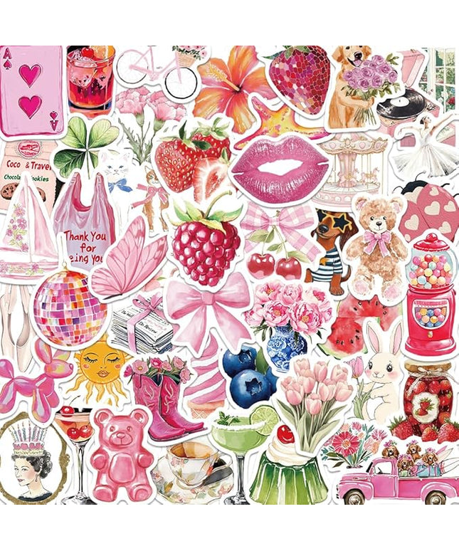 55 PCS Vintage Pink Stickers, Waterproof Retro Aesthetic Stickers for Water Bottles,Laptop Scrapbook Journaling Decorative Decals for Adults
