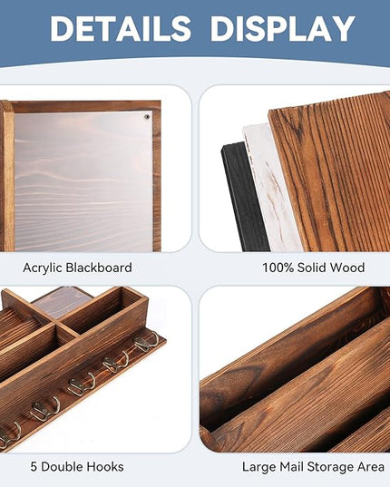 ClyraStor Key Holder Wall Mount, Mail Organizer Wall Mounted, Solid Wood Key Holder for Wall Living Room Entryway Home Decor, with 10 Key Hooks, Shelf, Marker Pen, 15.7" x 10.2" x 2.8"