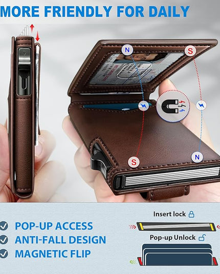 miyozi Airtag Wallet for Men Money Clip 9-Card Pop-Up Credit Card Holder with ID Window RFID Blocking Metal Case Magnetic Closure Front Pocket Wallet Gift Box