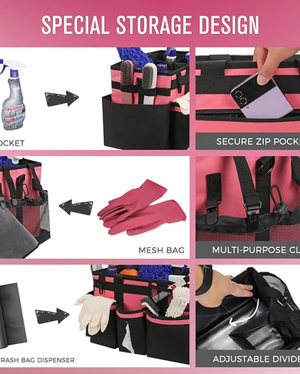 Wearable Cleaning Caddy, Cleaning Caddy Supplies Organizer with Handle & Shoulder Straps for Housekeepers, Under Sink & Car Cleaning Tool Organizers Bag with 4 Foldable Divider (OleanderRed)