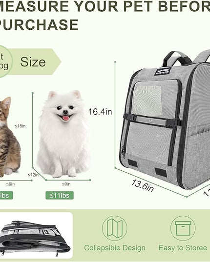 Pet Backpack Carrier for Small Dogs and Cats, Comfortable Portable Cat Bag for Travel Use with Ventilated Mesh, Safety Strap, and Easy-Clean Waterproof Fabric, Grey