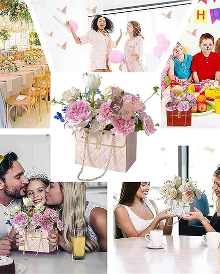JHXTZ 10 Pack Flower Paper Gift Bags with 12pcs Rose Gold 3D Butterfly Decoration, Portable Floral Handbag Box with Metal Chain, Florist Carrier for Valentine's Day Birthday Gifts (Pink)