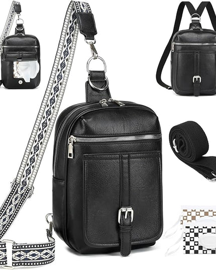 Sling Bag Crossbody Backpack - 2 in 1 Leather Cross Body Bag Fanny Pack with 2 Removable Straps