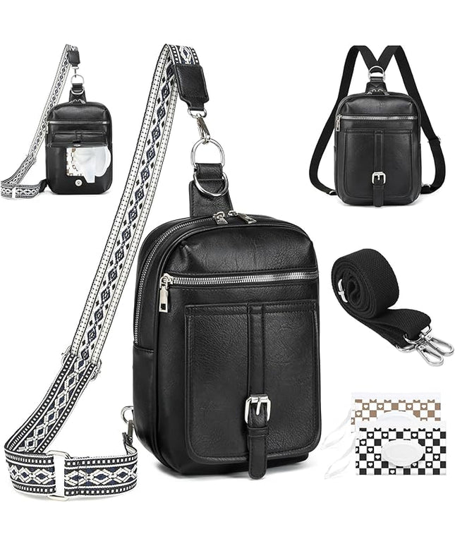 Sling Bag Crossbody Backpack - 2 in 1 Leather Cross Body Bag Fanny Pack with 2 Removable Straps